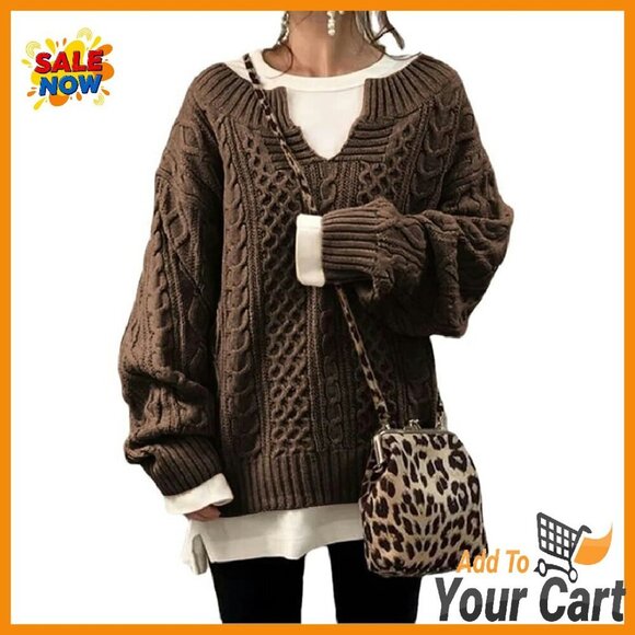 Sweaters - Women's Chunky Cable Knit V-Neck Pullover Sweater Loose Fit